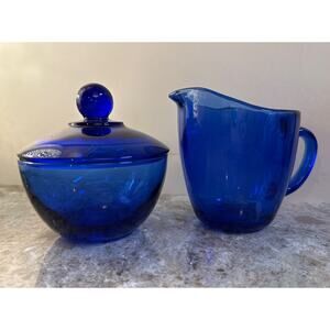 Vintage Cobalt Blue Anchor Hocking‎ Creamer & Covered Sugar Bowl Set EXCELLENT